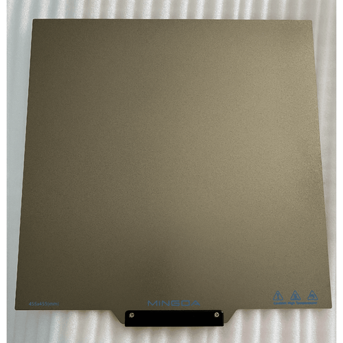 Plaque en acier à ressort PEI Mingda avec poignées 455x455 mm – pièce de rechange pour Raptor 450